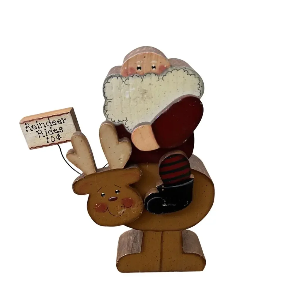 Vintage Hand Painted & Carved Wood Crafted Santa Claus Riding Reindeer Rudolph